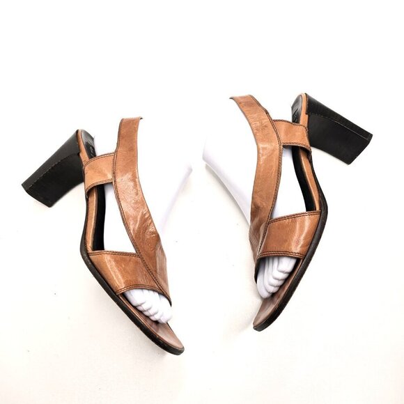 Vintage 90s Y2K Made in Italy Cognac Brown Leather Square Toe Block Heels - Picture 5 of 12